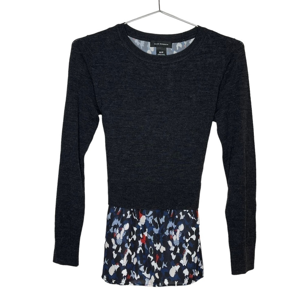 CLUB Monaco 100% Wool Layered Crewneck Sweater Blouse Tie Back Bow